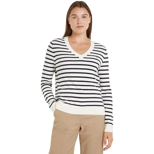 Tommy Hilfiger Femme Pull Jersey V-Neck Pull en Maille, Multicolore (Ivory Petal/Desert Sky STP), 3XL