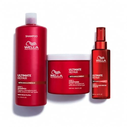 Wella Professionals Ultimate Repair Shampoing léger pour cheveux abîmés, Après-shampoing nourrissant et Soin Protecteur sans Rinçage, Protection contre tous les types de dommages - 1L + 500ml + 140ml