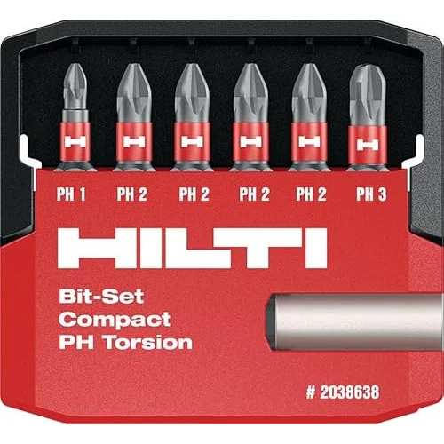Offerta a tempo: Hilti Set di 7 punte per cacciavite a torsione Phillips (PH) e supporto per punte S-BSC PH 25/1" T, lunghezza: 25 mm, accessori per cacciavite ad alte prestazioni professionali per cacciavite inserto - 41% da 62.17 € a 36.71 €