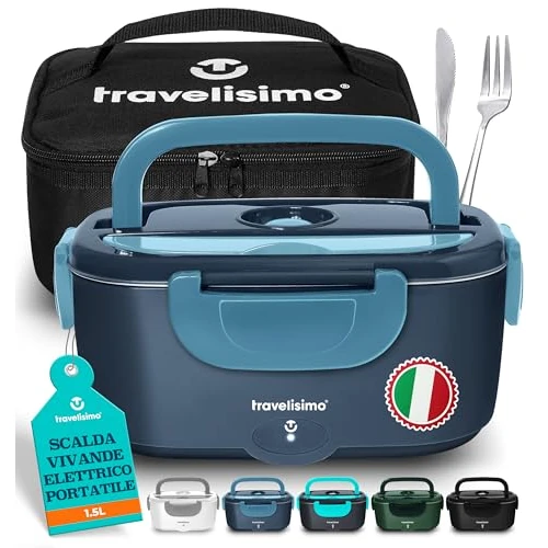 TRAVELISIMO Gamelle Chauffante 80W Lunch Box Chauffante 1,5L Boite Alimentaire Chauffante 3 en 1 220V 24V 12V, Bento Isotherme Chaud, Acier Inoxydable, Rechauffer Repas pour Voyage et Bureau