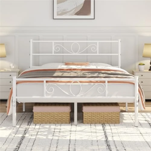 Yaheetech Double Bed 160 x 200 cm Metal Adult Large Space Slatted Modern White
