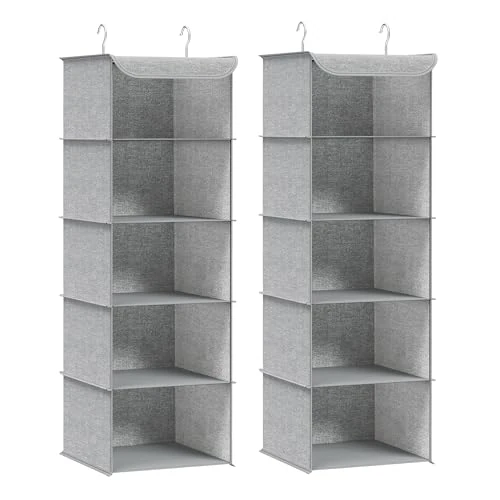 Offerta a tempo: SONGMICS Organizer Armadio da Appendere, Set di 2 Portaoggetti da Appendere, Pieghevole e Salvaspazio, con Ganci in Metallo e Divisori Interni in Bambù, Stampa in Simil Lino, Grigio Chiaro RCH005W02 - 22% da 18.69 € a 14.52 €