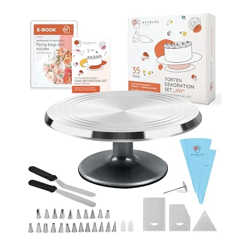 Limited-time offer: Wenburg Rotating Cake Plate Made of Aluminium Alloy - 35-Piece Cake Decoration Set - Rotating Cake Plate with Accessories - Piping Bags, Piping Nozzles, E-Book & More I Cake Turntable I Cake Stand from 49.86 GBP to 49.86 GBP (save 0%)