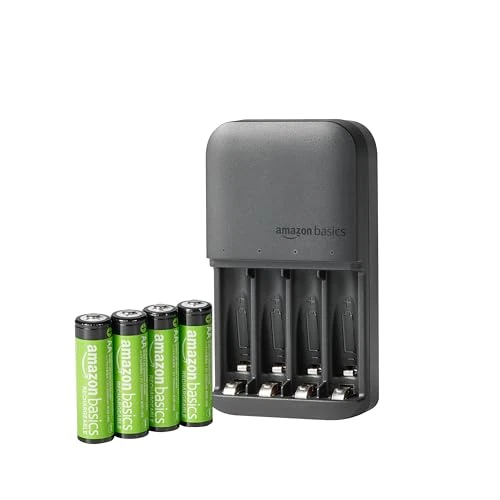 Amazon Basics Batterie ricaricabili NiMH con caricabatterie a 4 alloggiamenti, spina UE, Confezione da 4 AA 2000mAh, Nero