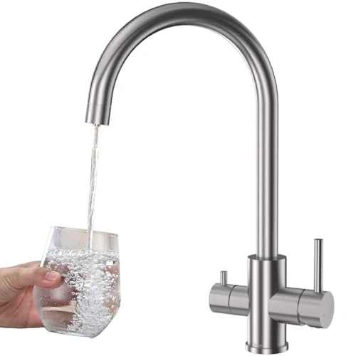 DETBOM Robinet de Cuisine à 3 Voies, Mélangeur de Cuisine pour Systèmes à Osmose, 3 en 1, Double Levier, Eau Potable, Froide et Chaude, Mitigeur d'Évier Rotatif à 360° (Argent Brossé)
