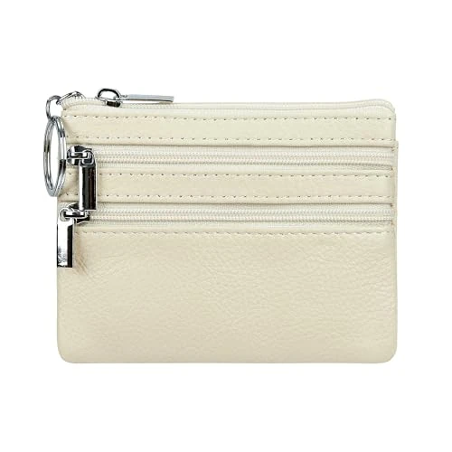 Portamonete da donna in vera pelle con portachiavi, Beige, One Size, Sacchetto portamonete