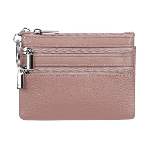 Portemonnee van echt leer voor dames met sleutelhanger, Donker roze, Eén maat, Portemonnee