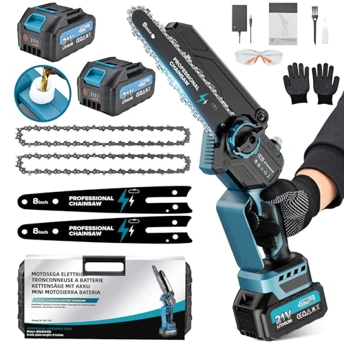 Offerta a tempo: Mini Motosega a Batteria, 8 Pollici Motosega Elettrica Brushless con 8000mAh Batterie 1200W, Sega a Batteria per Potatura con Pompetta Olio, per Potatura, Artigianato e Progetti FAI DA TE - 9% da 74.99 € a 67.95 €