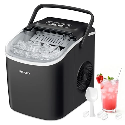 EUHOMY Eiswürfelmaschine Klein, 12KG Eiswürfelbereiter Ice Maker, 9 Würfel in 6 Minuten fertig, Schwarz Eiswürfelmaschine mit Tragbarem Griff, 12KG/24H, Selbstreinigendes Eiswürfelmaschinen