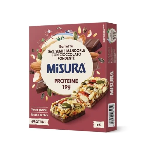 Offerta a tempo: Misura Protein Barrette Semi e Mandorle, Cioccolato Fondente, Senza Glutine | Snack Gluten Free, Fonte di Proteine Vegetali, 19 gr di Proteine, Ricche di Fibre, Confezione da 4 barrette, 120 gr - 26% da 3.29 € a 2.44 €