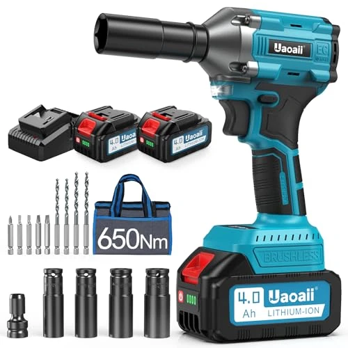 Uaoaii 650 N.m Battery Impact Wrench, 2 Pieces 4000 mAh Battery & Quick Charger, 5 Impact Screw Nozzles & 8 Drills, Rotary Impact Wrench for Car & Home Use