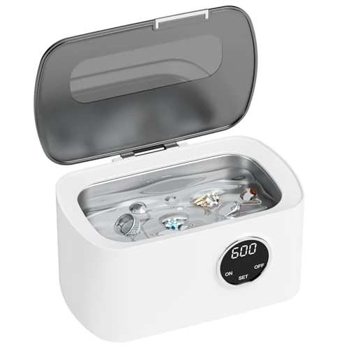 Ultrasonic Cleaner 600 ml, Ultrasonic Cleaner for Glasses 43 kHz, Ultrasonic Cleaner for Jewellery and Watches with 5 Time Settings, Basket and Holder for Glasses Jewellery Watches and Razor Head