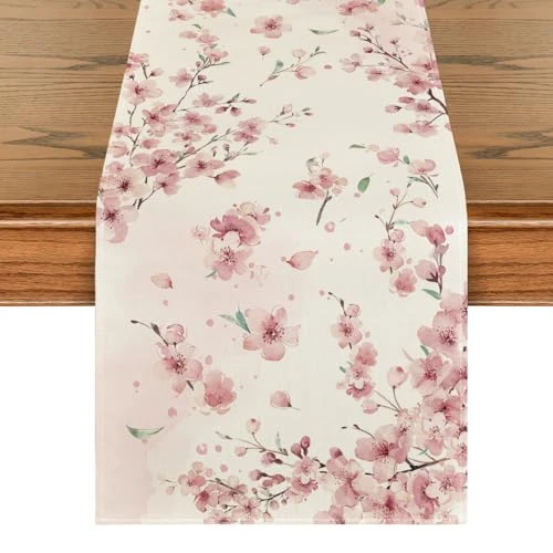 Artoid Mode Sakura Leaves Spring Table Runner, Seasonal Summer Kitchen Dining Table Decoration for Home Party Decor 40x140 cm