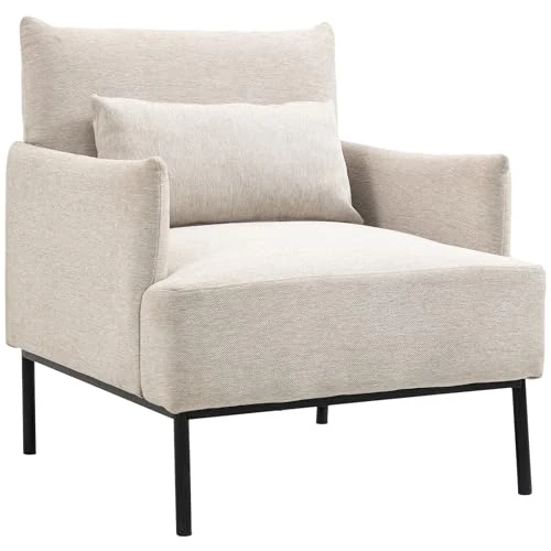 Offerta a tempo: HOMCOM Poltrona Moderna d'Arredo con Schienale Imbottito e Cuscino Extra, Poltroncina in Tessuto Effetto Lino e Acciaio, 73x81x82 cm, Bianco Crema - 19% da 182.95 € a 147.41 €