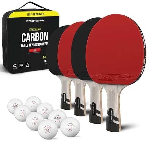 PRO-SPIN Tischtennisschläger Set - Carbon Profischläger & Tischtennisbälle 3 Sterne - Überlegener Präzision, Spin - Profi-Obergummi, 2,0mm Schwammstärke, Schutzhülle (Set für 4 Spieler,Rot)