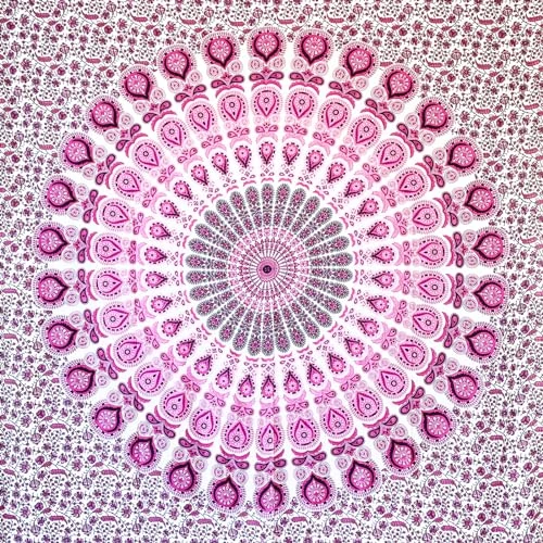 MOMOMUS Wandteppich Mandala - Indische Wandkunst - Wandteppich Aesthetic, Wandtuch Boho oder Wandbehang aus Stoff - Weiß und Rosa, 210x230 cm