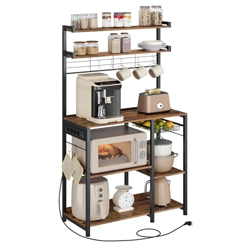 VASAGLE keukenplank, staande plank met stopcontacten, magnetronplank, koffiebar, bakkersplank, 8 S-haken, met mand, kruidenrek, vintage bruin-inktzwart KKS031K11
