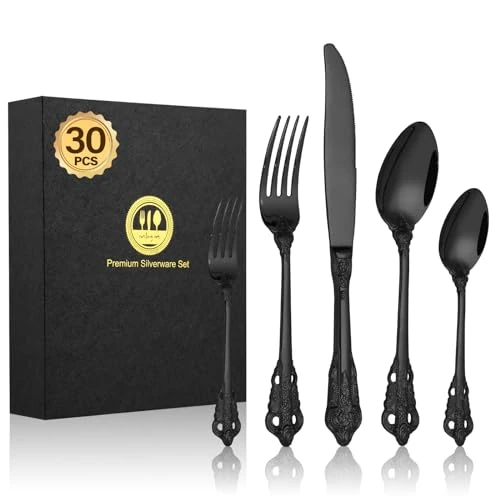 BEWOS 30 Piece Black Matte Palace Cutlery Set, High-Quality Stainless Steel Cutlery, Embossed Design Handles, Banquet Cutlery Set, Stunningly Polished & Gift Wrapped, Dishwasher Safe
