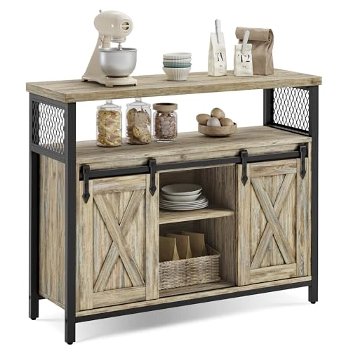 VASAGLE LSC092B60 Dressoir, keukenkast, opbergkast met 2 schuifdeuren, 33 x 100 x 80 cm, verstelbare planken, voor woonkamer, turquoise bruin en inktzwart