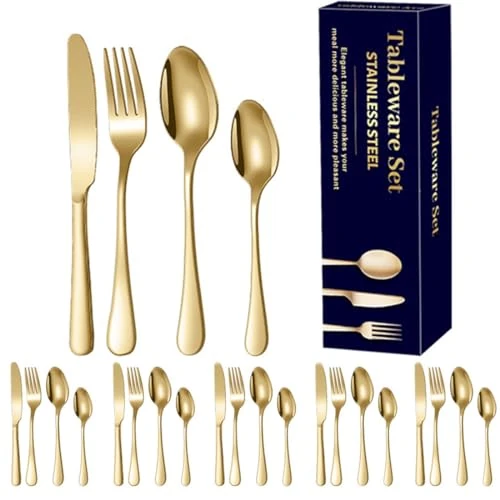 VIVIIHOO Gold Cutlery Set for 6 - 24 Piece Polished Modern Design with Gift Box Essential for Home, Restaurant, Party & Wedding
