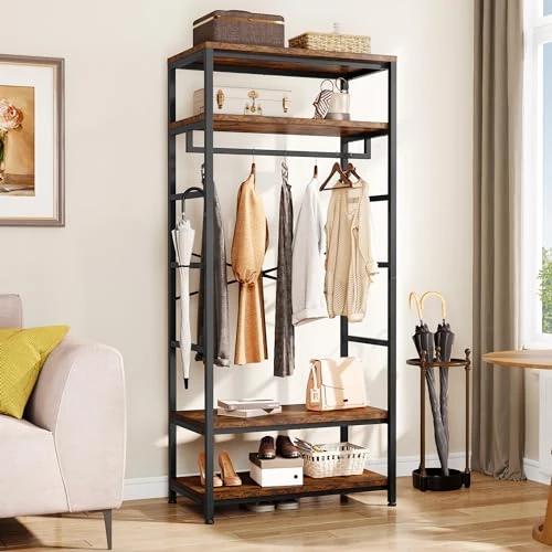 Offerta a tempo: YITAHOME Appendiabiti con Portascarpe, Attaccapanni da Pavimento con 4 Ripiani, Porta Abiti Industriale, Scaffale per Abbigliamento, per Ingresso Corridoio Soggiorno, Marrone Vintage - 30% da 91.49 € a 63.67 €