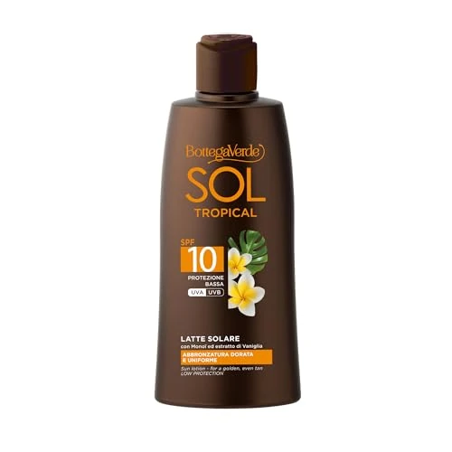 Offerta a tempo: Bottega Verde - Latte Solare SOL Tropical SPF 10, 200 ml, con Monoï, Estratto di Vaniglia e Olio di Argan, Protegge e Dona un’Abbronzatura Dorata, Texture Vellutata, Profumo Fiorito Tropicale - 38% da 22.00 € a 13.73 €