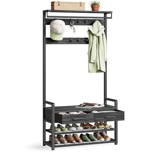 VASAGLE Garderobenständer, Eingangsmöbel mit 10 herausnehmbaren Haken, 2 Schubladen, Schuhbank, trennbares Design, 30 x 80,4 x 181,6 cm, Kohlegrau und Schwarz Tinte HSR429B04