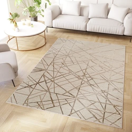 TAPISO Crystal - Alfombra de pelo corto brillante efecto 3D, diseño moderno, patrón abstracto geométrico, líneas tonalidad marrón beige salón salón dormitorio seguro OEKO-TEX 80 x 150 cm