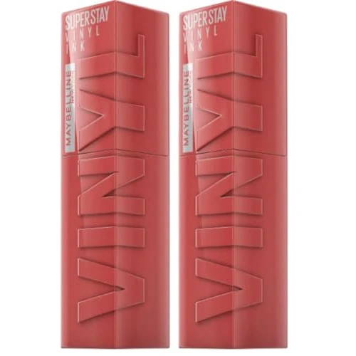 Maybelline New York Tinta Labbra a Lunga Tenuta Superstay Vinyl Ink, Per un Effetto Vinilico fino a 16H, Finish Luminoso e Senza Sbavature, Formula Vegana, Tonalità: 15 PEACHY (Confezione da 2)