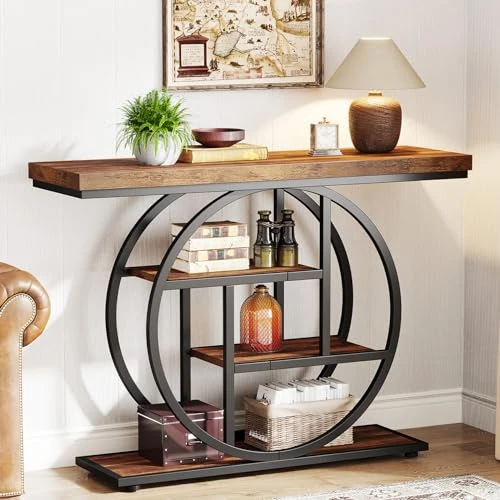 Offerta a tempo: Tribesigns Tavolo consolle stile industriale da 105 cm, per ingresso e divano, a 4 livelli con base circolare, stretto, in legno con ripiani portaoggetti per soggiorno e corridoio - 64% da 139.99 € a 50.99 €