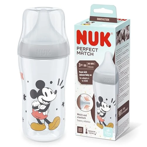 Offerta a tempo: NUK Biberon Perfect Match | 3+ Mesi | Si adatta al palato del bambino | Controllo della temperatura | Sfiato anti-colica | 260 ml | Senza BPA | Tettarella media in silicone | Disney Topolino [Grigio] - 62% da 13.49 € a 5.19 €