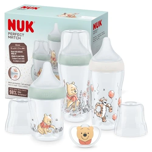 Oferta ograniczona: NUK Perfect Match Zestaw butelek dla niemowląt, 0-6+ miesięcy, pasuje do podniebienia dziecka, 3 butelki antykolkowe i smoczek Space, bez BPA, Disney Kubuś Puchatek, 4 szt z 145.22 PLN na 145.22 PLN (zniżka 0%)