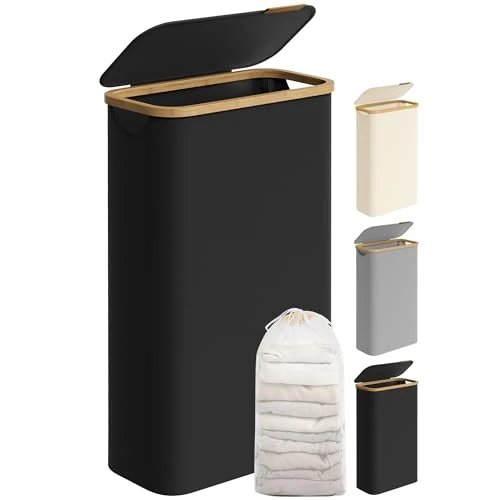 SONGMICS Wasmand met deksel, 65 l wasmand, ruimtebesparend, verwijderbare waszak, Oxford-stof, bamboe handgrepen, opvouwbaar, 42 x 22,5 x 70,5 cm, inktzwart LCB506B01