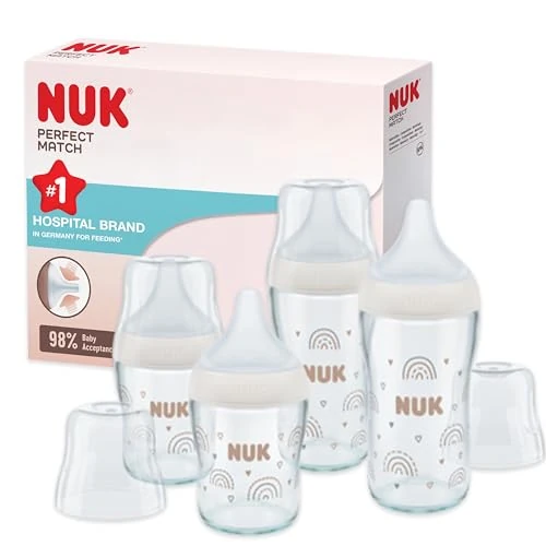 NUK Set biberon vetro Perfect Match | 3+ mesi | Si adatta al palato del bambino | Controllo temperatura | Sfiato anti-colica | 120 ml e 230 ml | Senza BPA | Tettarelle in silicone | Arcobaleno | 4 pz