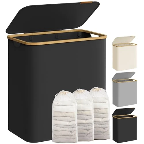 Offerta a tempo: SONGMICS Cesto Portabiancheria con Coperchio a 3 Scomparti, Cesta per Bucato, 150L, Sacco Rimovibile, Tessuto Oxford, Manici di Bambù, Pieghevole, 60 x 38,5 x 70,5 cm, Nero Inchiostro LCB515B01 - 19% da 47.99 € a 38.75 €