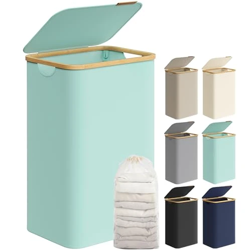 SONGMICS Kosz na pranie z pokrywką, kosz na pranie 90 l, wyjmowany worek na pranie, tkanina Oxford, uchwyty z bambusa, składany, 42 x 32 x 70,5 cm, miętowo-zielony LCB509C01