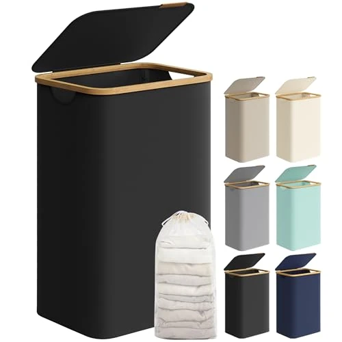 Limited offer: SONGMICS Laundry Basket with Lid, Large Laundry Hamper, 90L, Removable Mesh Liner, Oxford Fabric, Bamboo Handles, Collapsible, 42 x 32 x 70.5 cm, Ink Black LCB509B01 from 26.01 EUR to 18.99 EUR (save 27%)