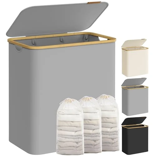 Offre limitée : SONGMICS Panier à Linge avec Couvercle à 3 Compartiments, 150L, Sac Amovible, Tissu Oxford, Poignées en Bambou, Pliable, 60 x 38,5 x 70,5 cm, Gris Tourterelle LCB515G01 de 48.99 € à 34.99 € (29% de remise)