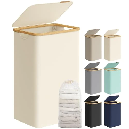 SONGMICS Cesto de Ropa Sucia con Tapa, Gran Cesta Ropa Sucia, 90 L, Forro de Malla Extraíble, Tejido Oxford, Asas Bambú, Plegable, 42 x 32 x 70,5 cm, Blanco Crema LCB509W01