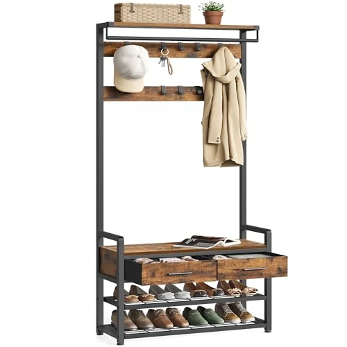 Tijdelijke aanbieding: VASAGLE Kapstok met schoenenbank, garderobe, schoenenopslag, 2 laden van stof, 10 haken, 6 zijhaken, 30 x 80,4 x 181,6 cm, vintage bruin-inktzwart HSR429B01 van 82.99 € naar 82.99 € (0.00% korting)