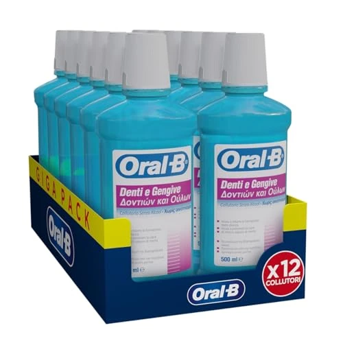 Oral-B Mundwasser für Zähne und Zahnfleisch, entfernt bis zu 97% der Bakterien, Schutz gegen Betterica Plaque für 24 Stunden, ohne Alkohol, Packung mit 12 x 500 ml Mundspülungen