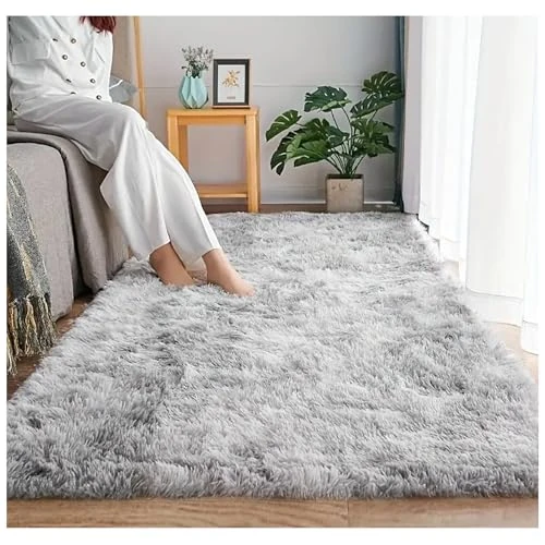 Bibykivn Shaggy Modern Teppich, Teppichunterlage Antirutschmatte, Als Faux Bett-Vorleger oder Matte, Langflor Teppiche für Wohnzimmer Schlafzimmer, Kinderzimmer (Hellgrau, 140x200 cm)