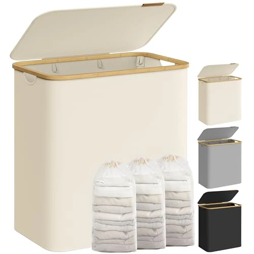 Offerta a tempo: SONGMICS Cesto Portabiancheria con Coperchio a 3 Scomparti, Cesta per Bucato, 150L, Sacco Rimovibile, Tessuto Oxford, Manici di Bambù Pieghevole, 60 x 38,5 x 70,5 cm, Bianco Crema LCB515W01 - 19% da 36.99 € a 29.87 €