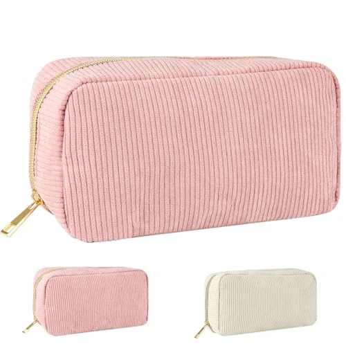 lahnao 2 bolsas de cosméticos, bolsa de maquillaje de pana, bolsa de maquillaje multifuncional, bolsa de cosméticos de viaje, bolsillo con cremallera para mujeres (marfil y rosa), Marfil y rosa,