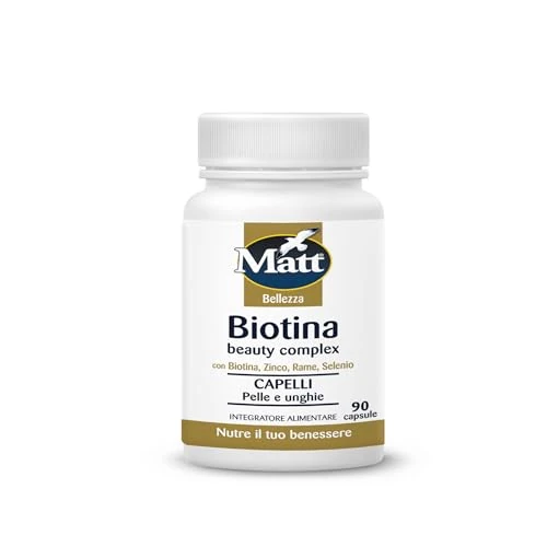 Matt, Biotina Beauty Complex, Integratore Alimentare Capelli Pelle e Unghie con Biotina e Zinco, Aiuta a Fortificare Capelli e Unghie, Rende la Pelle Luminosa, Confezione da 90 Capsule