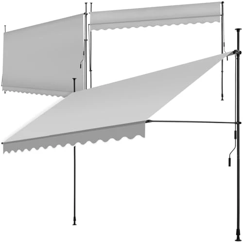 tecktake Klemluifel met handslinger, balkonluifel zonder boren, luifel, in hoogte verstelbaar, uv-bestendig, waterafstotend, terrasoverkapping, zonwering terras en balkon, breedte 350 cm, lichtgrijs