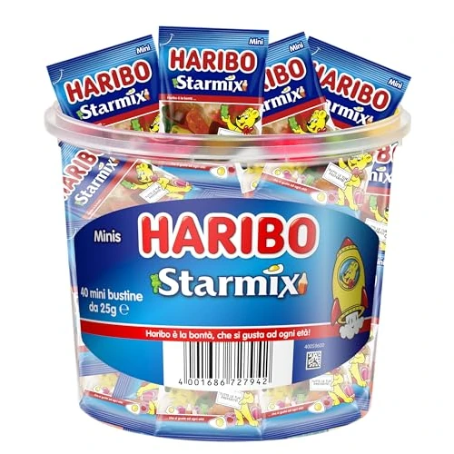Offerta a tempo: Haribo Barattolo Starmix, 40 Mini Bustine Haribo da 25gr, Caramelle Gommose, Gusto Frutta e Cola, Ideali per Feste e Compleanni, Monoporzione - 1000gr - 30% da 9.99 € a 6.99 €