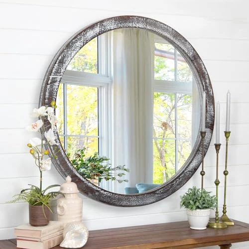 JJUUYOU Ronde Spiegel Ronde Spiegel voor Badkamer Rustieke Bruine Vanity Spiegels Kleine Muur Cirkel voor Muur Houten Frame Make Up Spiegels voor Boerderij Woonkamer Slaapkamer Dorm Decoratief