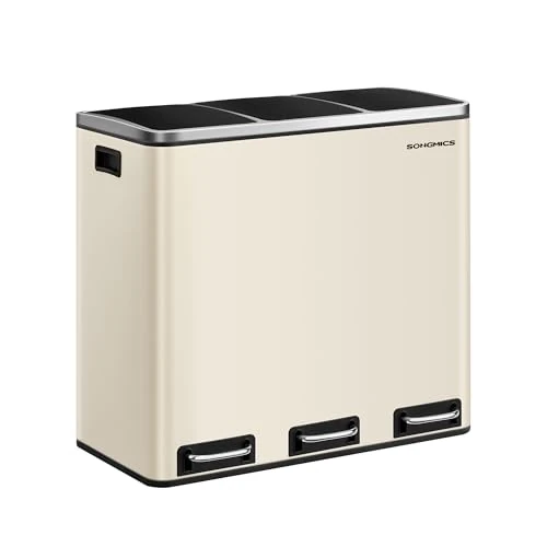 Limited-time offer: SONGMICS Kitchen Bin, 3 Compartment Rubbish Bin, 3 x 18 L, Steel, Pedals | Soft-Close Lids, Inner Buckets, PP Plastic, ABS Plastic, PE Plastic, Pale Gold, Ink Black LTB054A02 from 85.99 £ to 70.54 £ (save 17.97%)