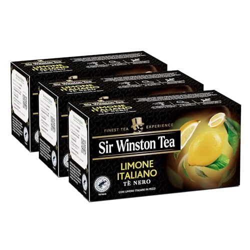 Sir Winston Tea, Té negro de limón italiano, 60 filtros (3 paquetes de 20 filtros), sabor dulce y agromado, con limones italianos reales, certificado RFA, sin lactosa, gluten y alérgenos
